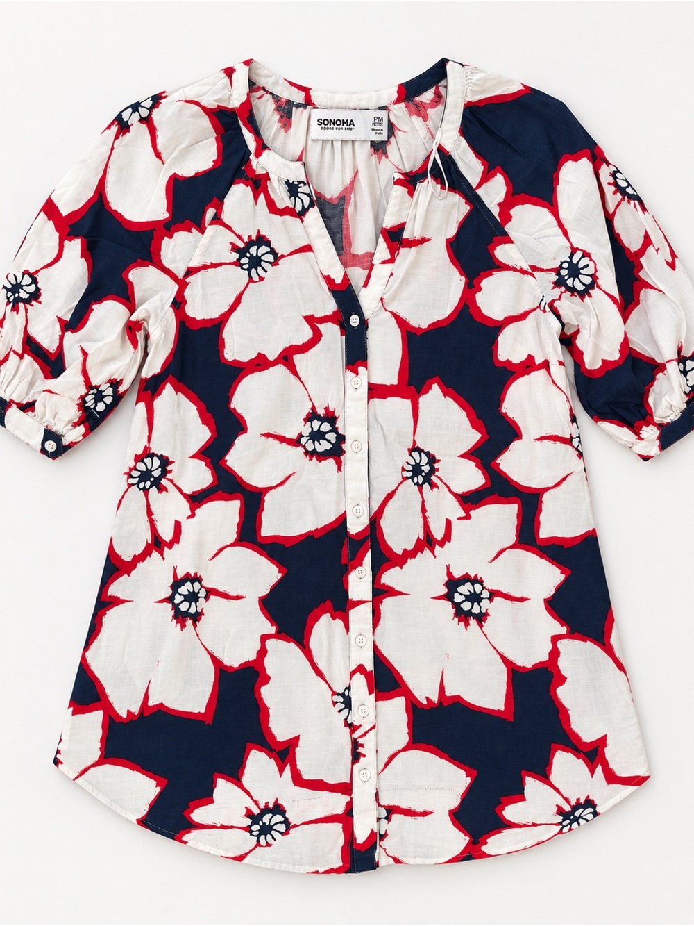 Sonoma Navy, White & Red Floral Button-Front dress